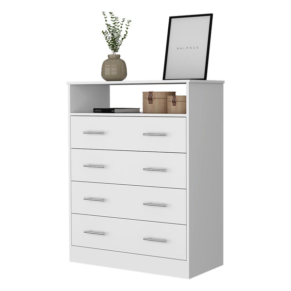 English Elm Lagos Four Drawer Dresser with Spacious Open Shelf and Superior Top, Light Grey Finish, Modern Storage Solution White 47 L x 22 W x 4 H B128S00098