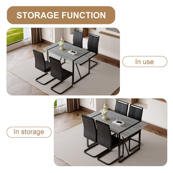 English Elm Table Set: Modern Minimalist Grey Marble Dining Table With 4 Black Pu Leather Chairs & Metal Frame W1151S02683-GIGA