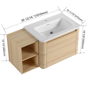 English Elm 40'' Wall-Mounted Bathroom Vanity with White Ceramic Sink, Plywood Shelves, Soft-Close Door, Oak Finish W999S00482
