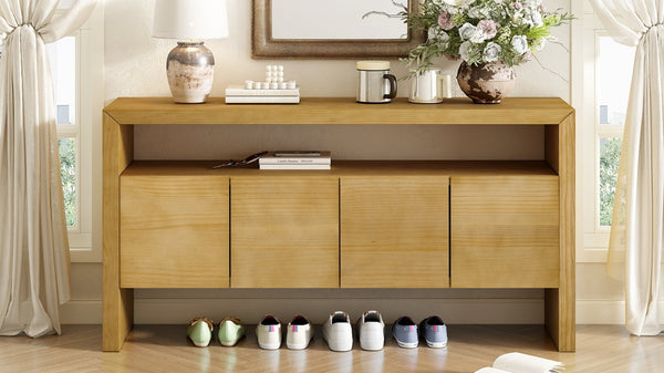 English Elm U_Style 60" Minimalist Sideboard - Durable Solid Wood Veneer Console With Open Shelf & Versatile Storage N711P289132O-GIGA