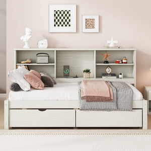 English Elm Twin Storage Bed with Bookcase Headboard Built-in Usb Charging and Two Drawers Creamy White W697S00037