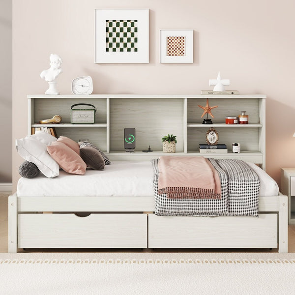 English Elm Twin Storage Bed with Bookcase Headboard Built-in Usb Charging and Two Drawers Creamy White W697S00037