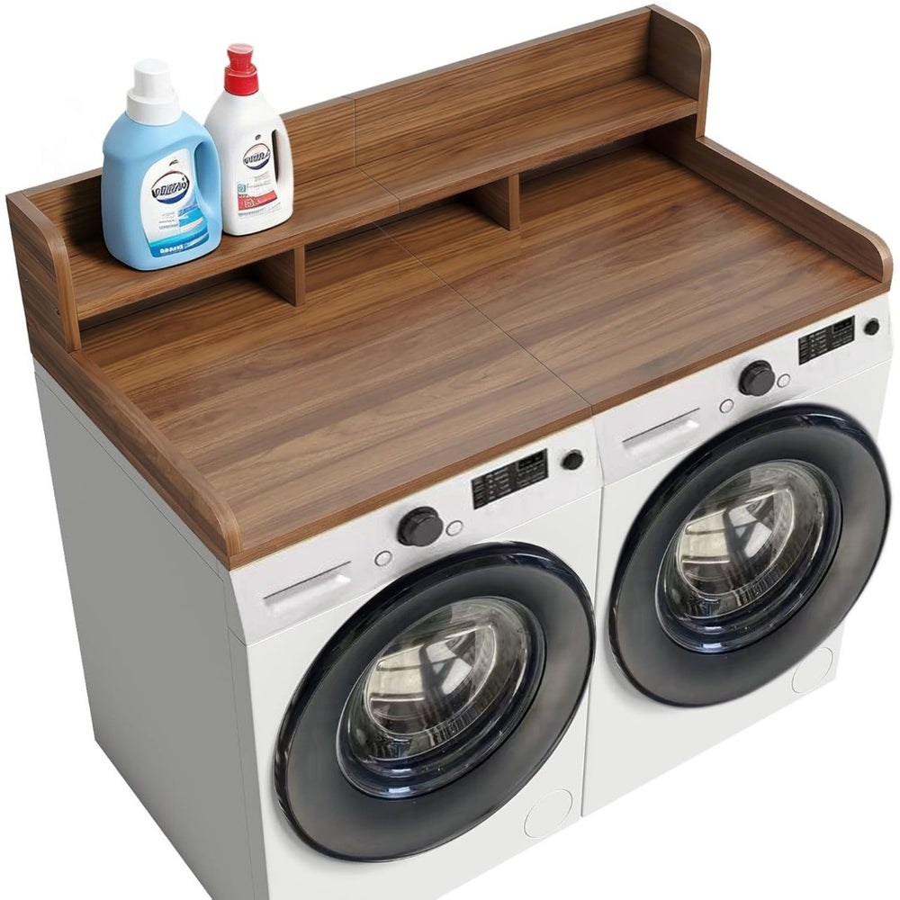 English Elm Washer Dryer Wood Look Shelf Topper with Raised Edge Double Layer Laundry Organizer Dark Walnut W2641P446883