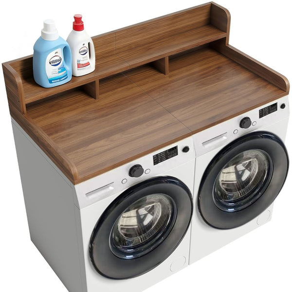 English Elm Washer Dryer Wood Look Shelf Topper with Raised Edge Double Layer Laundry Organizer Dark Walnut W2641P446883