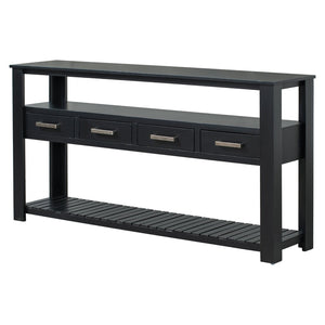English Elm U_style Wide Painted Console Table Four Drawers Open Shelves Foyer Living Room Black N711P410406B