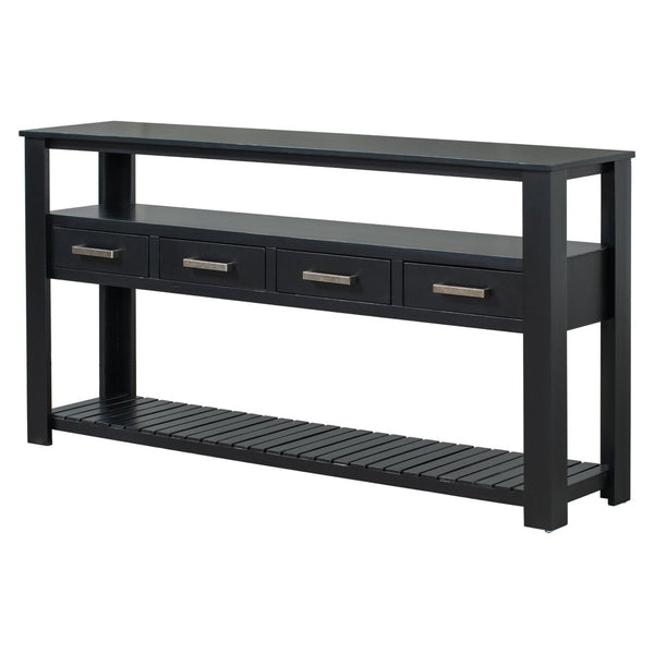 English Elm U_style Wide Painted Console Table Four Drawers Open Shelves Foyer Living Room Black N711P410406B