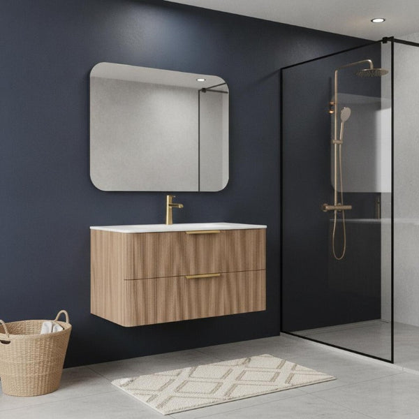 36 Inch Floating Bathroom Vanity Brown Wood Cabinet with Integrated Sink Two Drawers