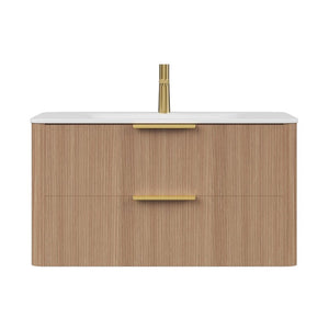 HomeRoots 36 Inch Floating Bathroom Vanity Brown Wood Cabinet with Integrated Sink Two Drawers 767011