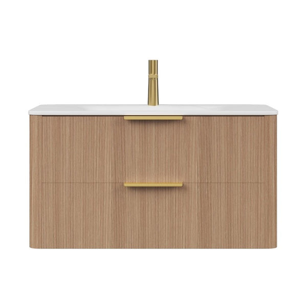 HomeRoots 36 Inch Floating Bathroom Vanity Brown Wood Cabinet with Integrated Sink Two Drawers 767011