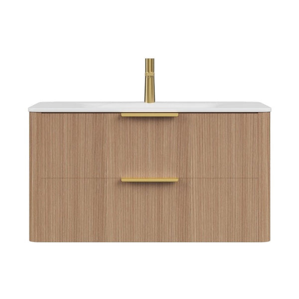 36 Inch Floating Bathroom Vanity Brown Wood Cabinet with Integrated Sink Two Drawers