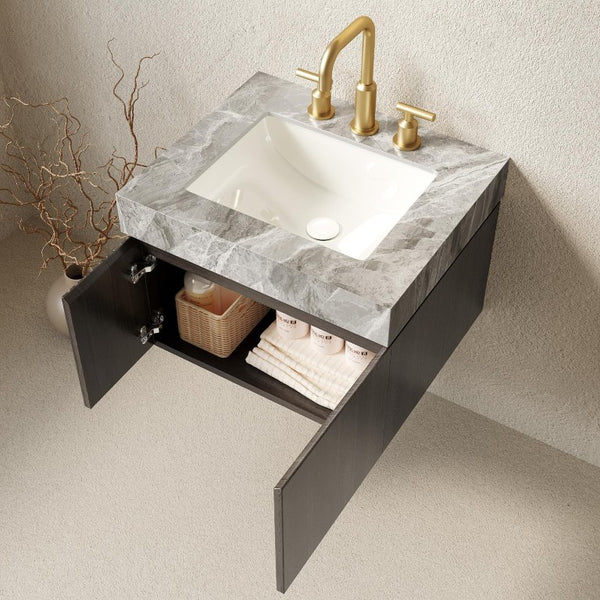 24 Inch Floating Bathroom Vanity Solid Wood Cabinet with Integrated White Basin