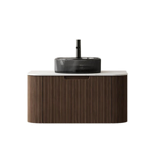 HomeRoots 30 Inch Floating Bathroom Vanity Solid Wood Cabinet with Integrated Black Basin 767041