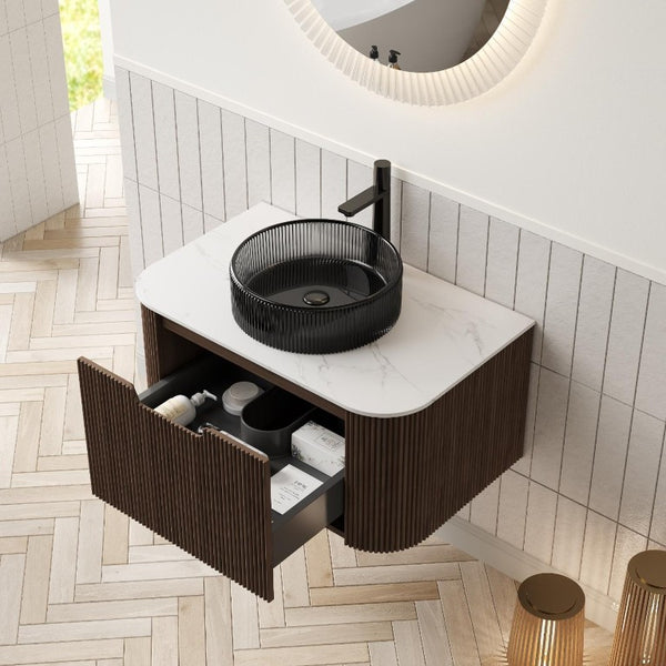 30 Inch Floating Bathroom Vanity Solid Wood Cabinet with Integrated Black Basin