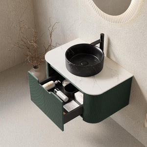 30 Inch Green Wood Floating Bathroom Vanity Featuring a Sleek Integrated Black Basin