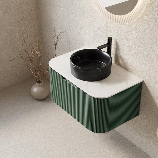 30 Inch Green Wood Floating Bathroom Vanity Featuring a Sleek Integrated Black Basin