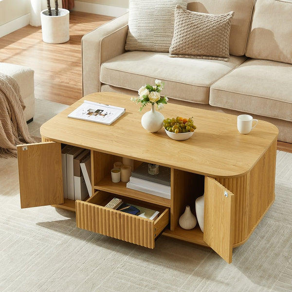English Elm 46.5"modern oval coffee table with drawers, hidden compartments & wavy woodgrain top for stylish storage Natural W1162P339120