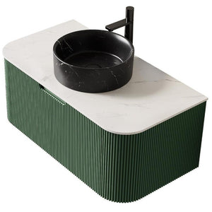 36 Inch Green Wood Wall Mounted Vanity with Integrated Matte Black Basin for Bathrooms