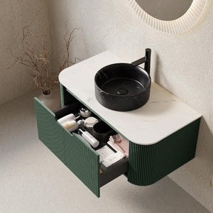 36 Inch Green Wood Wall Mounted Vanity with Integrated Matte Black Basin for Bathrooms