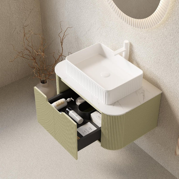 30 Inch Green Floating Wood Bathroom Vanity with Integrated Ceramic Basin and Storage