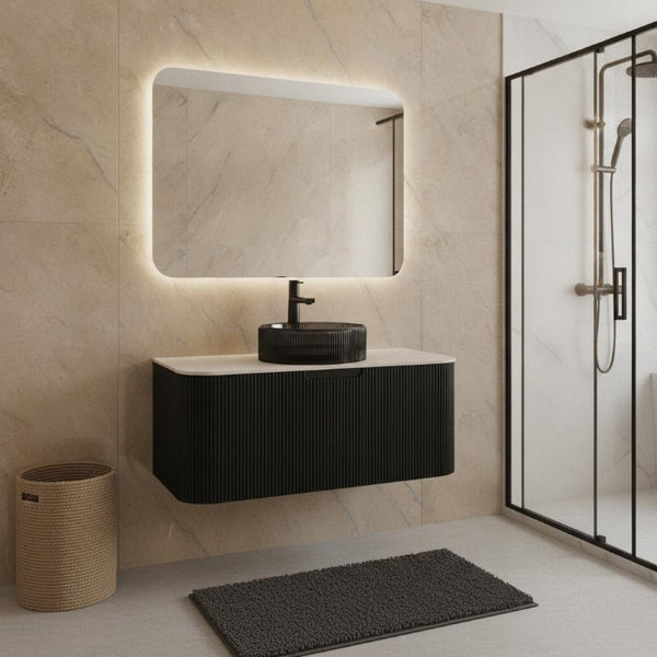 36 Inch Black Wood Wall Mounted Bathroom Vanity with Integrated Basin Modern Bath