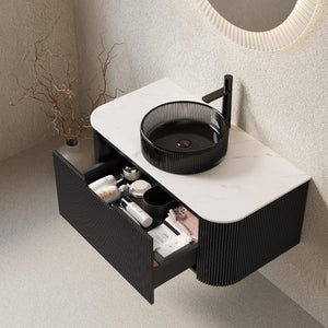 36 Inch Black Wood Wall Mounted Bathroom Vanity with Integrated Basin Modern Bath
