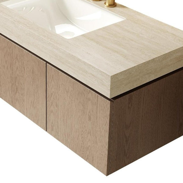48 Inch Floating Bathroom Vanity in Brown Wood Finish with Double Doors White Basin