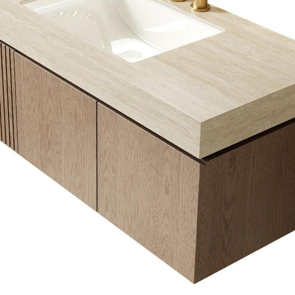 48 Inch Floating Bathroom Vanity in Brown Wood Finish with Double Doors White Basin