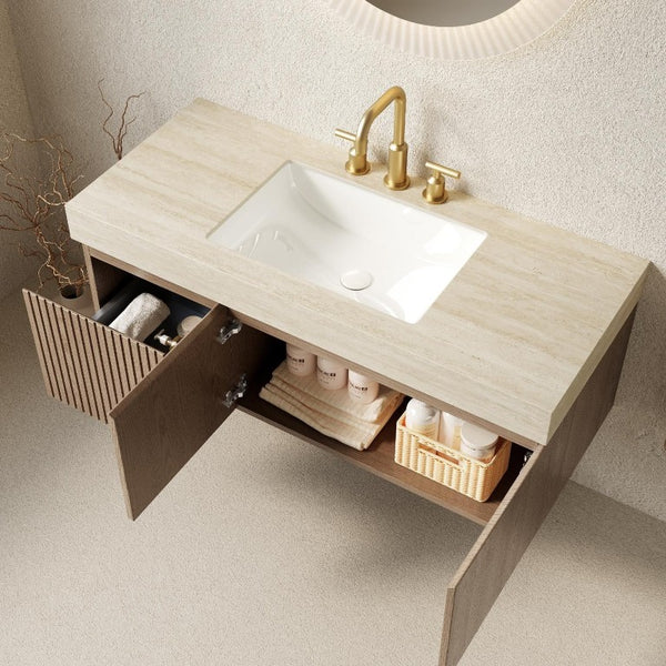 48 Inch Floating Bathroom Vanity in Brown Wood Finish with Double Doors White Basin
