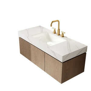 48 Inch Floating Brown Wood Bathroom Vanity with Double Doors and White Basin