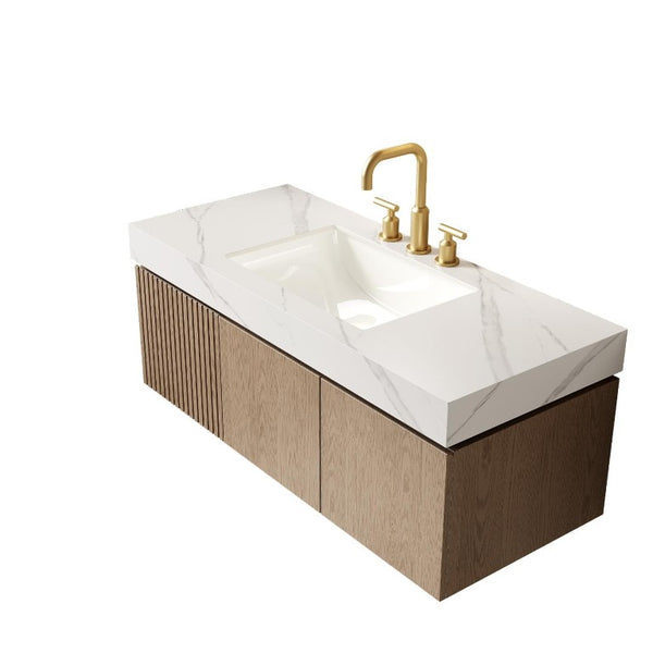 48 Inch Floating Brown Wood Bathroom Vanity with Double Doors and White Basin