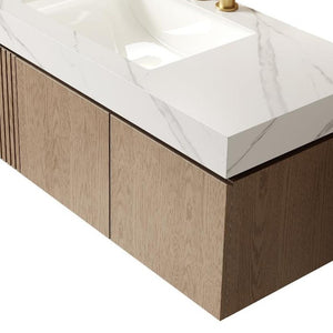 48 Inch Floating Brown Wood Bathroom Vanity with Double Doors and White Basin