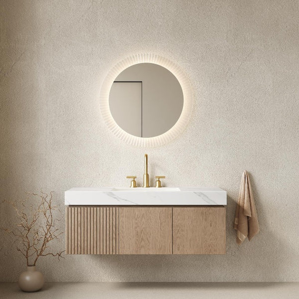 48 Inch Floating Brown Wood Bathroom Vanity with Double Doors and White Basin