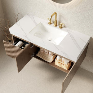 48 Inch Floating Brown Wood Bathroom Vanity with Double Doors and White Basin