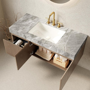 HomeRoots 48 Inch Floating Bathroom Vanity in Brown Wood Finish with Double Doors and White Basin 767136