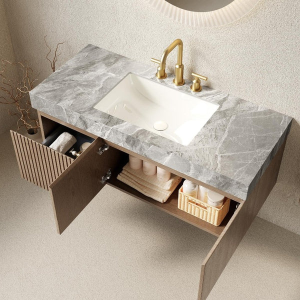 HomeRoots 48 Inch Floating Bathroom Vanity in Brown Wood Finish with Double Doors and White Basin 767136