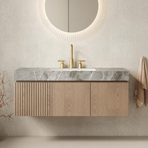 48 Inch Floating Bathroom Vanity in Brown Wood Finish with Double Doors and White Basin
