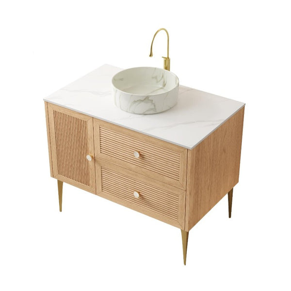 36 Inch Floating Bathroom Vanity in Brown Wood Finish with Two Storage Drawers