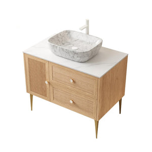 36 Inch Floating Bathroom Vanity in Brown Wood Finish with Two Storage Drawers