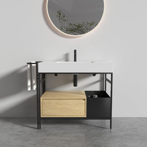 English Elm FORTE 36" Industrial Modular Bathroom Vanity with Durable Metal Frame, Quartz Basin, Soft-Close Drawer Oak,White W1865S00177