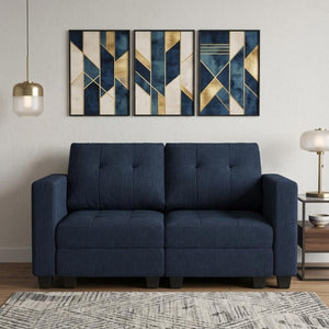 64 Inch Modular Linen Blend Loveseat with Built-in Storage and Accent Pillows