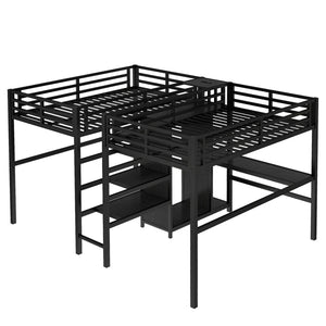 English Elm Twin Metal Loft Bed With Dual Desks, Wardrobe, Shelves & Power Outlet For Ultimate Space-Saving Design W1580S00114-GIGA