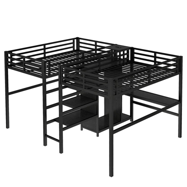 English Elm Twin Metal Loft Bed with Study Desk Wardrobe Shelving and Outlet for Kids Rooms Black W1580S00371
