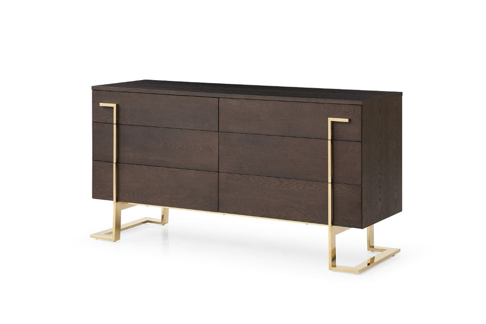 VIG Furniture Moontide Smoked Ash Dresser With Champagne Gold Accents, 6-Drawer Modern Storage, W60" X D20" X H31" VGVCMF-J1922-D