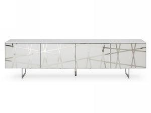 VIG Furniture Kilson Modern White High-Gloss Tv Stand For 32-74" Tvs — Geometric Mid-Century Storage, Stainless Accents VGVCTV1819