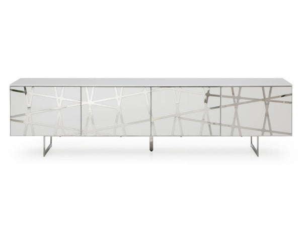 VIG Furniture Kilson Modern White High-Gloss Tv Stand For 32-74" Tvs — Geometric Mid-Century Storage, Stainless Accents VGVCTV1819