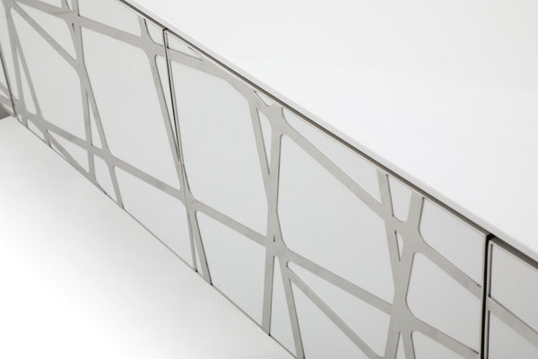 VIG Furniture Kilson Modern White High-Gloss Tv Stand For 32-74" Tvs — Geometric Mid-Century Storage, Stainless Accents VGVCTV1819
