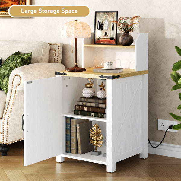 English Elm OKD Farmhouse Nightstand with Built-In Charging Station, Barn Door Accent, Adjustable Storage Shelf and Sturdy Frame White W1550P311284