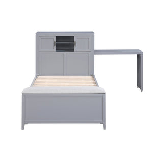 English Elm Gray Twin Platform Bed with Bookcase Headboard Hidden Desk Stool and Footboard Bench Gray B011S02323
