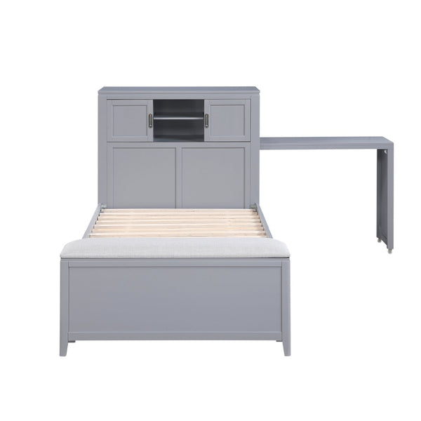 English Elm Gray Twin Platform Bed with Bookcase Headboard Hidden Desk Stool and Footboard Bench Gray B011S02323