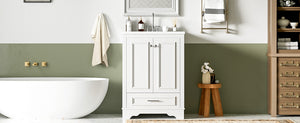 English Elm 24'' Bathroom Vanity with Ceramic Sink Combo Modern Freestanding MDF Cabinet with Soft-Close Doors and Sleek Silver Handles for Spacious Organized Bathroom Storage White N710P194893K